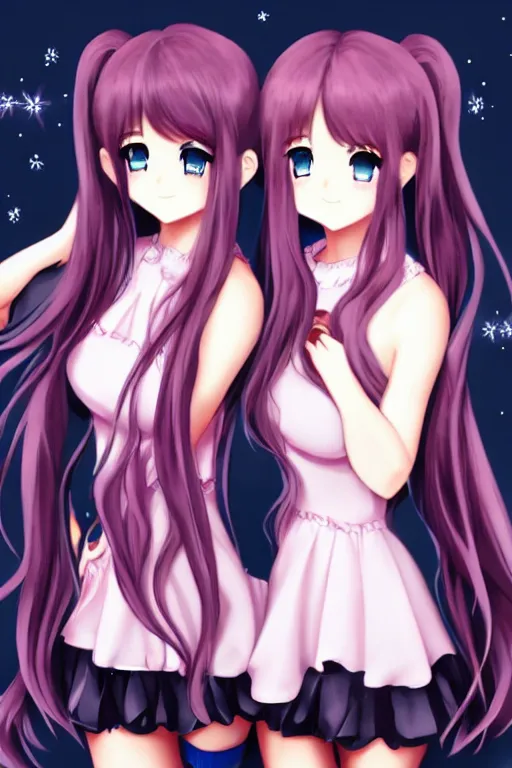 Image similar to two beautiful female idols with twintails facing each other, dark background, anime art