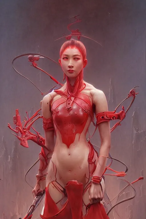 Prompt: Portrait of beautiful pale warhammer 40000 asian maiden in latex, dark fantasy, red light, artstation, painted by Wayne Barlowe and Greg Rutkowski and zdislav beksinski and Ruan Jia and Mandy Jurgens and Artgerm and william-adolphe bouguereau