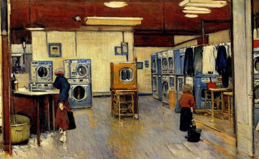 Image similar to interior of a modern laundromat, stanhope forbes, impressionist painting