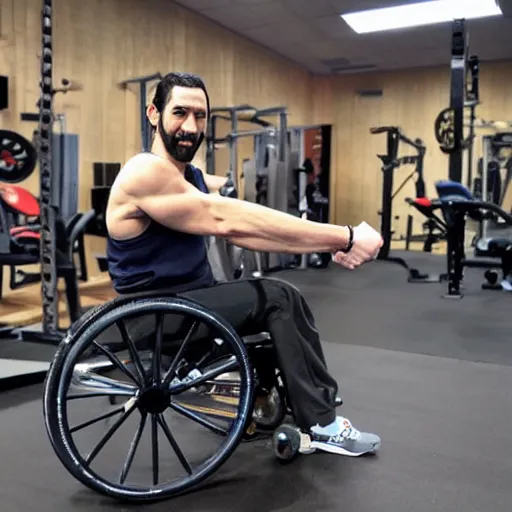 Image similar to pablo echenique robba as a bodybuilder in a gym lifting weights sitting in his wheelchair