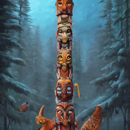 Prompt: totem pole of animal spirits, oil painting of wood carving, super detailed, colorized, 8k, trending on Artstation, D&D, fantasy, raytracing, depth of field, bokeh, iridescent accents, vibrant, award winning, by Anato Finnstark and Marc Simonetti, spectacular lighting, octane rendered