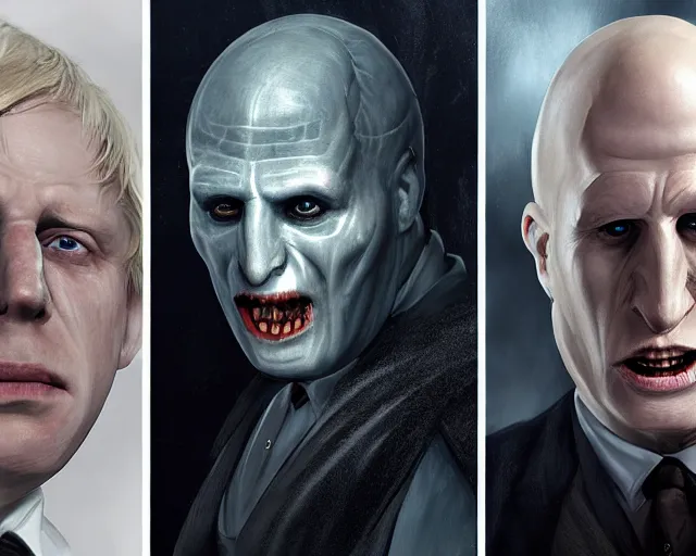 Prompt: boris johnson vs voldemort, character art, by various concept artists, redshift render, hyperrealistic face, photorealistic render