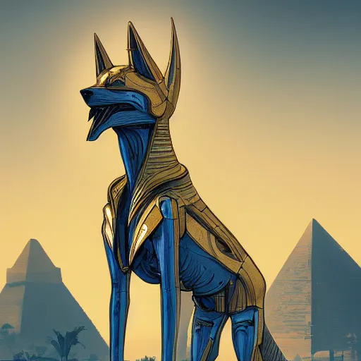 Prompt: cybernetic anubis egyptian wolf made of steel and gold in light armor, by ian pesty and alena aenami and makoto shinkai, concept art, matte painting, washed colors,