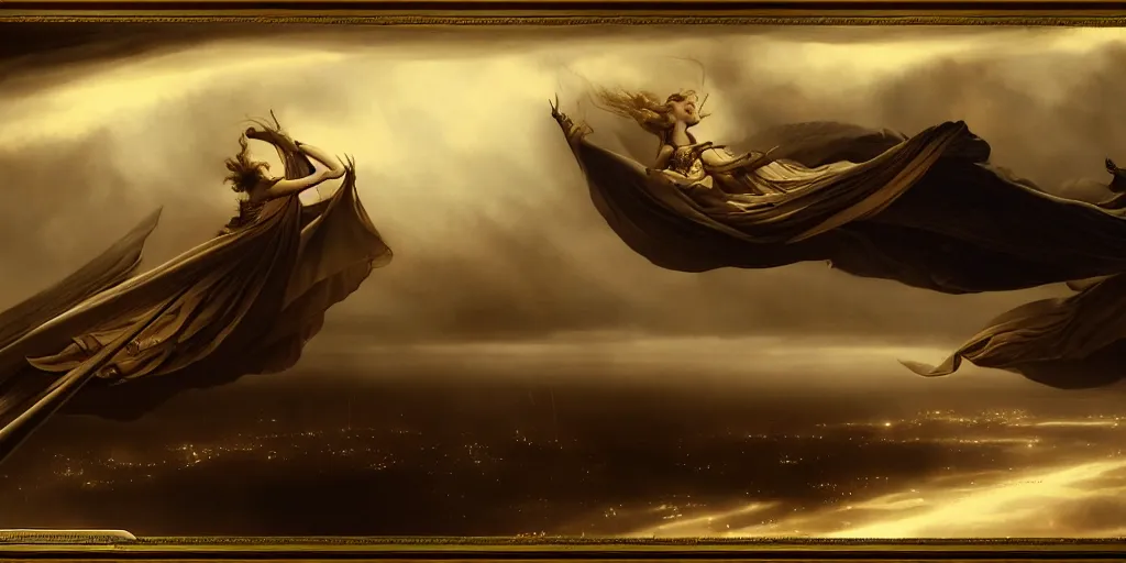 Image similar to flying brigantines at dusk, by Rolf Armstrong and Evelyn De Morgan and Bastien Lecouffe-Deharme, dramatic lighting, high contrast colors, baroque, empyrean, panoramic view, as trending on Artstation, highly detailed, doom engine,