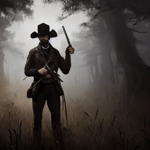 Prompt: a digital portrait of a human hunter from hunt showdown, holding a revolver, western era, hyper realistic, horror, back lighting, luisiana, in the style of greg rutkowski,