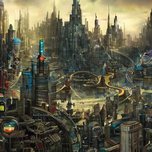 Image similar to The robot city, a fantasyland full of robots in a surrealistic city in digital wasteland in the future