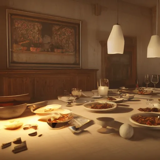 Image similar to what's for dinner? unreal 5, daz, hyperrealistic, octane render cinematic volume inner glowing aura global illumination ray tracing hdr