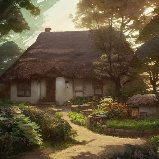 Prompt: concept art painting of an english cottage with japanese influence, in the woods, cozy, realistic, detailed, cel shaded, in the style of makoto shinkai and greg rutkowski and james gurney