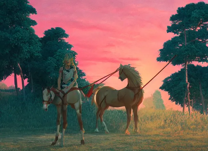 Prompt: a spiked demon next to a red horse in a pink sky medium shot of horse | bekinski antiquity marble anime film studio ghibli golden hour cinematic lighting sunset cell shading gottfried helnwein painting film cinematic 4 k