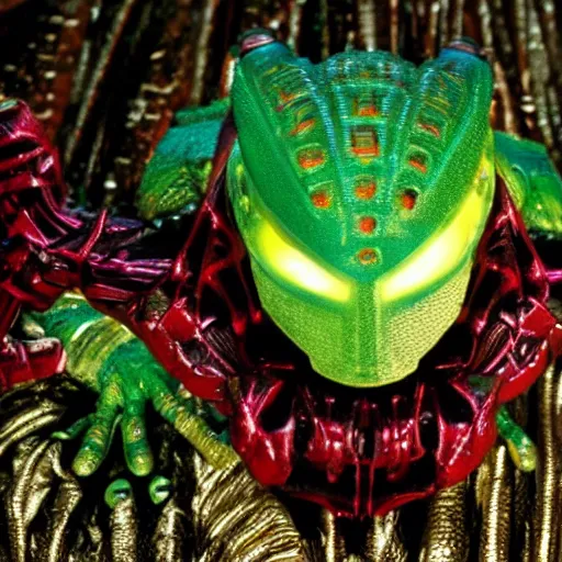 Prompt: All Hail the mighty Cyberfrog ! In its natural environment, Close up. Macro. Hyper realistic, reddish, glowing