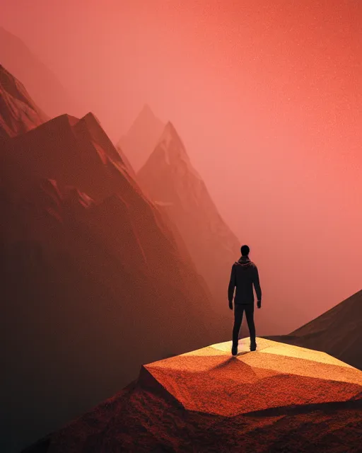 Image similar to a man standing in the middle of a mountain with a glowy neon triangle, a render by filip hodas, behance contest winner, environmental art, rendered in cinema 4 d, volumetric lighting