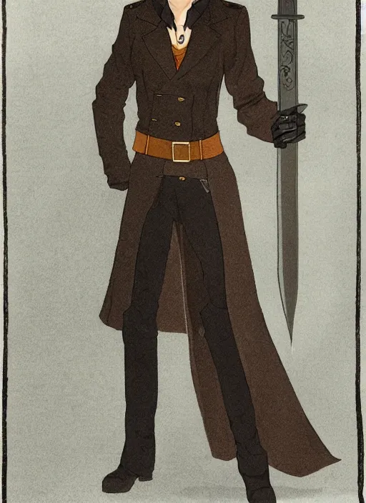 Image similar to half - body character portrait by tatsuki fujimoto of a handsome male vampire, sword holster, long black hair, light brown coat