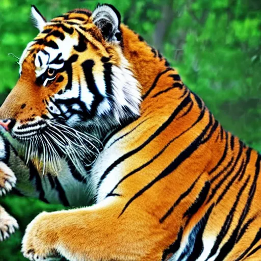 Image similar to a tiger hugging a man