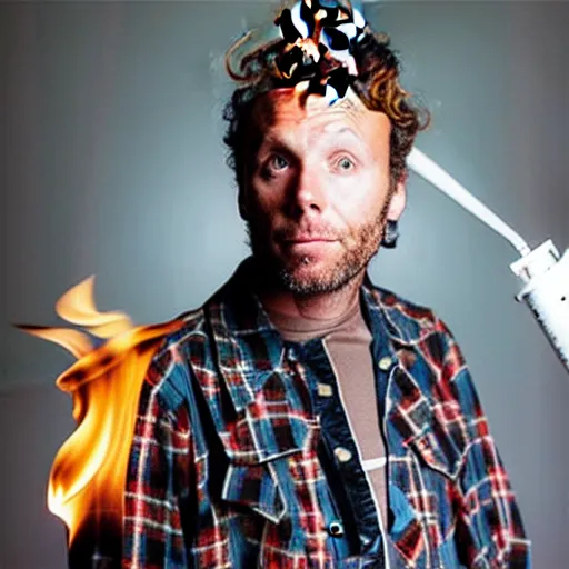 Image similar to a photo of jovanotti ( burn a forest with flamethrower )