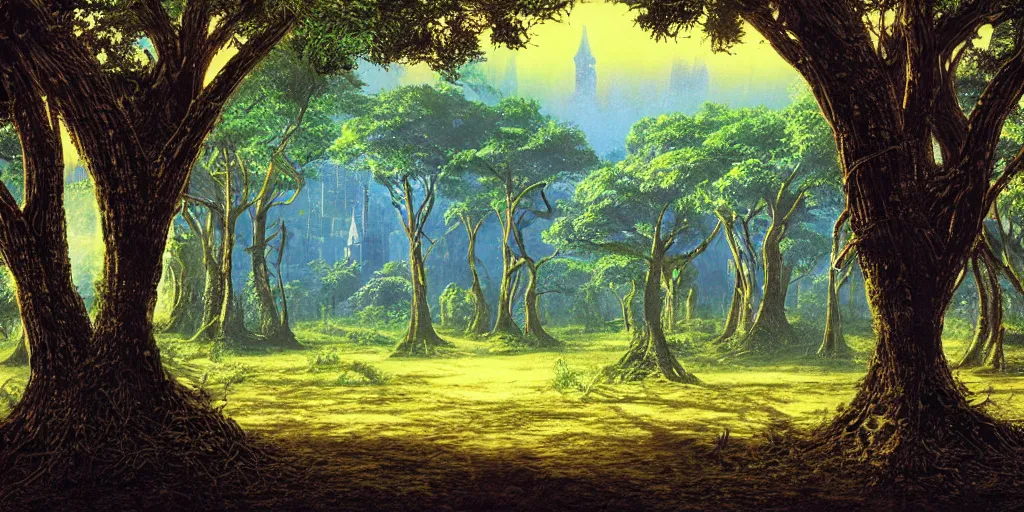 Image similar to Artwork by Tim White of the cinematic view of The Wood of Mirage, a Forest, with a mucid manor.