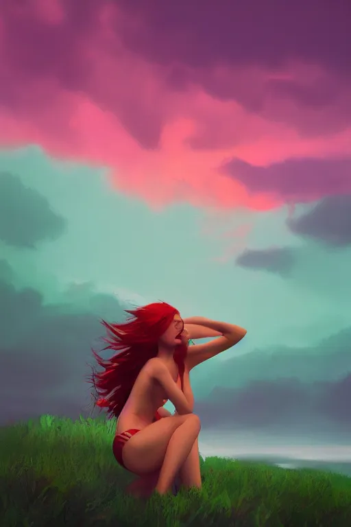 Image similar to red haired girl, green bikini, beach surreal photography, sunrise, dramatic light, impressionist painting, colorful clouds, digital painting, artstation, simon stalenhag raytracing