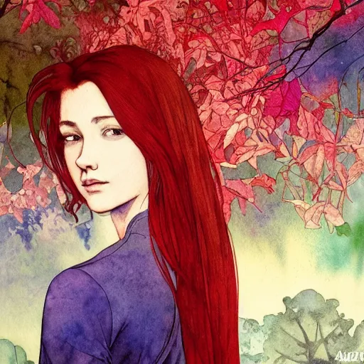 Image similar to side view a beautiful and inspiring intricate watercolor illustration artwork red hair italian girl in the forest, feeling the nature, eyes closed, 4 k, ultra - wide angle, by william turner, by victo ngai, by alphonse mucha, by miho hirano, hd, trending on artstation, hyper detailed, muted colors, inspiring, beautiful, energetic