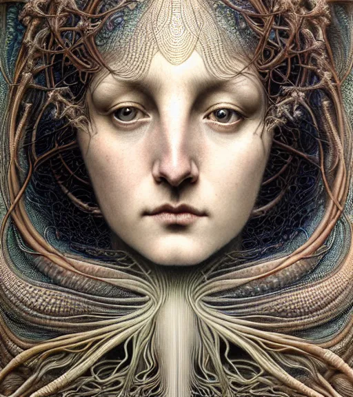 Image similar to detailed realistic beautiful equinox goddess face portrait by jean delville, gustave dore, iris van herpen and marco mazzoni, art forms of nature by ernst haeckel, art nouveau, symbolist, visionary, gothic, neo - gothic, pre - raphaelite, fractal lace, intricate alien botanicals, ai biodiversity, surreality, hyperdetailed ultrasharp octane render