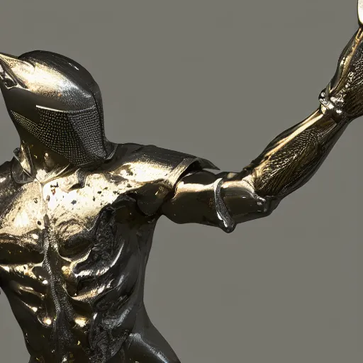 Image similar to 3 d render melted, knight sculpture, chrometype, liquid metal, neotribal, raytraced, volumetric lightning, 8 k by wlop, innate studio h - 1 0 0 0 w - 1 0 0 0