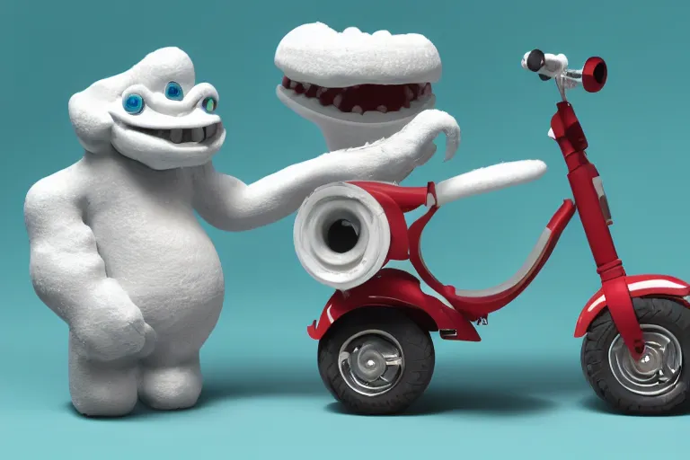 Image similar to a toothpaste monster standing next to a toy scooter made of toothpaste, intricate details, octane render