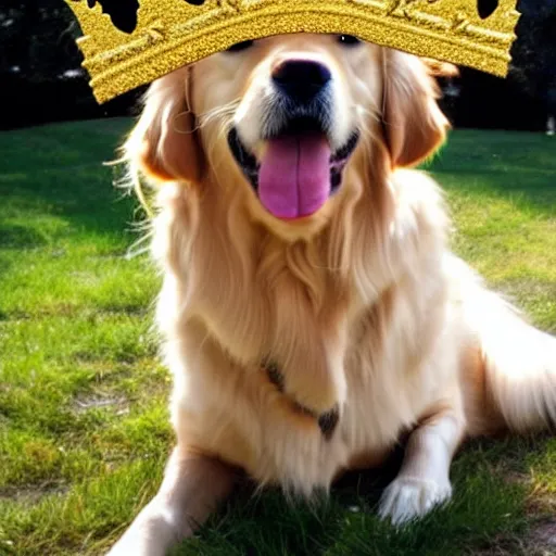 Prompt: a golden retriever wearing a golden king crown, photo