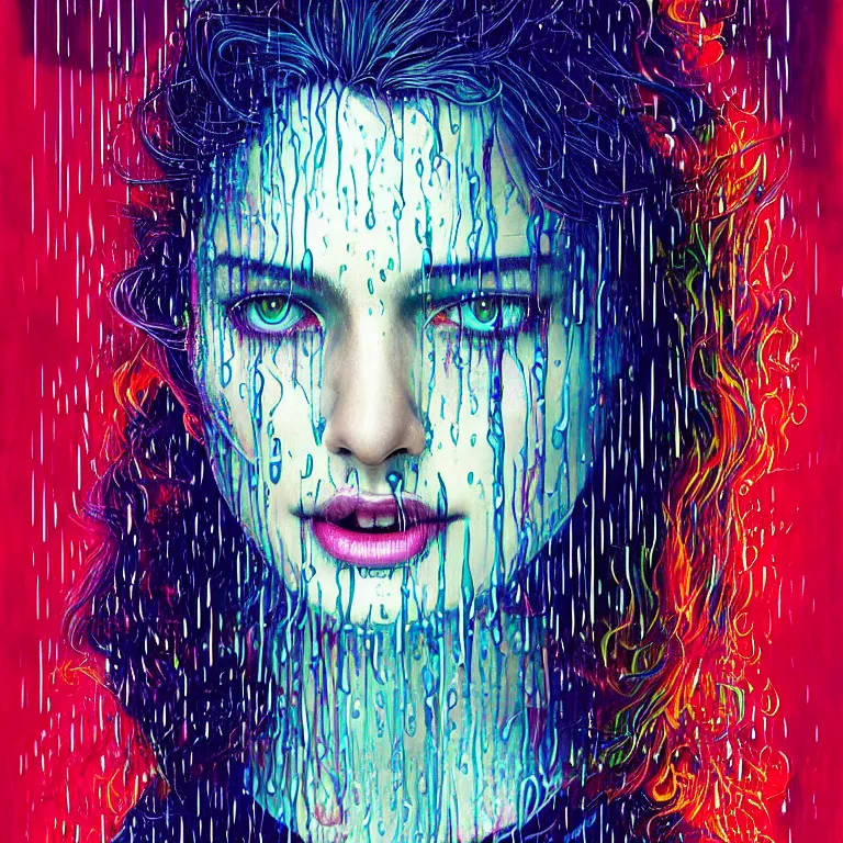 Image similar to bright asthetic portrait of LSD in rain with wet hair and face, liquid, fantasy, intricate, elegant, dramatic lighting, highly detailed, lifelike, photorealistic, digital painting, artstation, illustration, concept art, smooth, sharp focus, art by John Collier and Albert Aublet and Krenz Cushart and Artem Demura and Alphonse Mucha