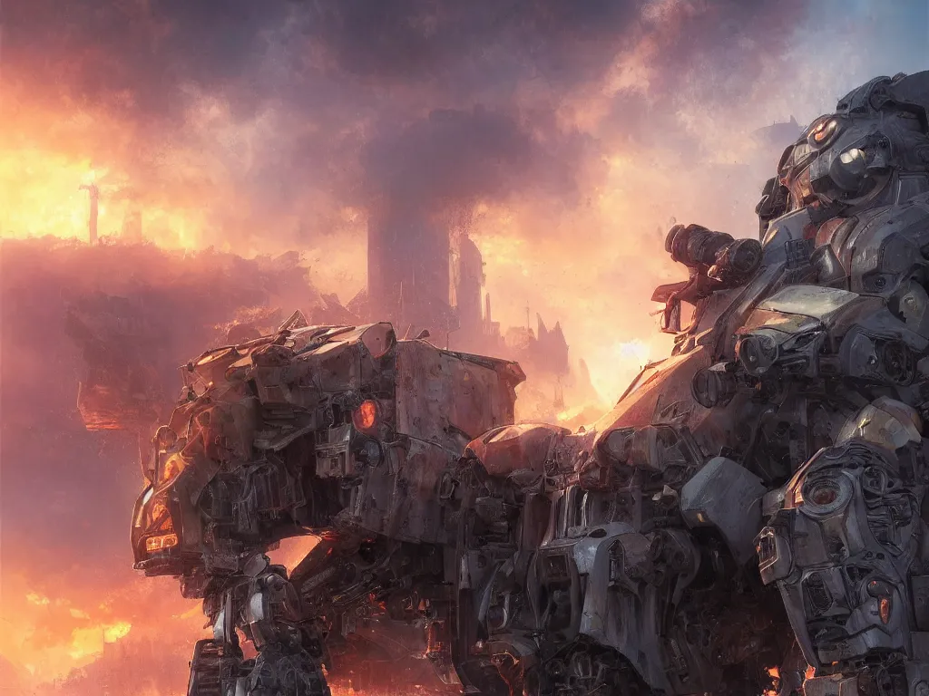 Image similar to portrait of timberwolf battlemech on fire, battle damage, sunset glow around head, full body portrait, intricate, elegant, highly detailed, digital painting, artstation, concept art, smooth, sharp focus, illustration ,sunset, dramatic lighting by Marc Adamus art by artgerm and greg rutkowski and alphonse mucha, background is a city in ruins