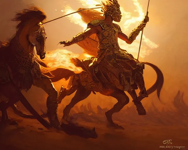 Image similar to battle of kings, fire and dust and golden armor, action, dramatic lighting, intricate, wild, highly detailed, digital painting, artstation, concept art, smooth, sharp focus, illustration, art by artgerm and greg rutkowski and alphonse mucha