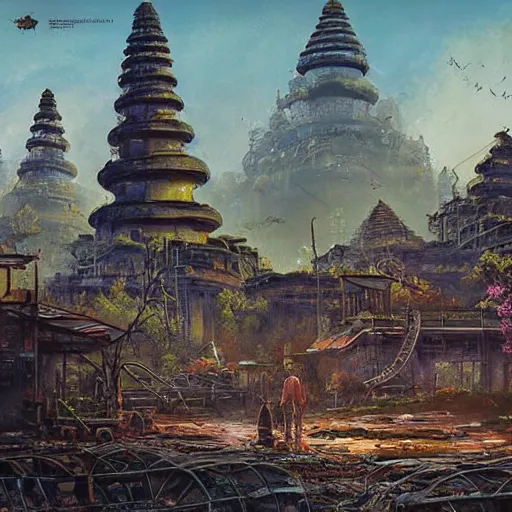 Prompt: beautiful painting of an industrial wasteland with balinese ruins and oriental decaying monuments in the style of Simon Stålenhag and H. R. Giger