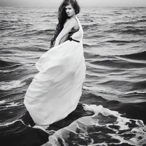 Prompt: A visibly melancholic sad and astonishingly beautiful hamburger in the middle of the ocean. tumultuous sea. cloudy. long wavy hair. long wavy white dress. black and white. 24mm lens. shutter speed 1/30. iso 350. f/5.6 W-1024