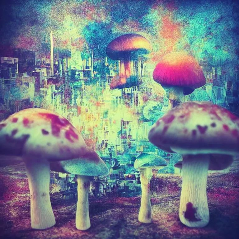 Image similar to double exposure of dally life, symbols of live, explosion, cyber mushroom city, love is the most relevant theme, love is infinity, love is begin of all, 8 k resolution, artistic mode, artistic, trending on instagram, long exposure, love art, serious, fantasy and dreams vibes, mushrooms style and macro style, colorful picture