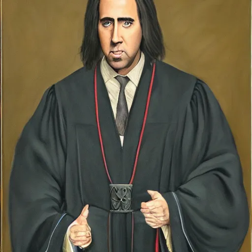 Image similar to gorgeous painting of nicolas cage wearing robes, as professor of dark arts in hogwarts, oil on canvas, ultra detailed
