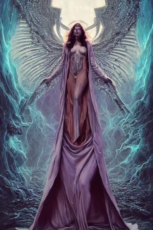 Image similar to beautiful female angel fused with poltergeist demon, legendary epic pose, few elegant silk robes with ornate pattern, portrait, intricate details, vicious appearance, by vincent di fate, artgerm, julie bell, beeple and Greg Rutkowski, 90s, concept, Smooth gradients, octane render, 8k, High contrast, duo tone, depth of field, very coherent symmetrical artwork