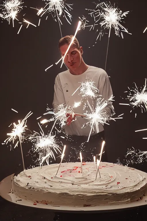 Image similar to margiela campaign featuring artist ben schumacher blowing out all the candles on the birthday cake, sparklers, realistic vfx simulation