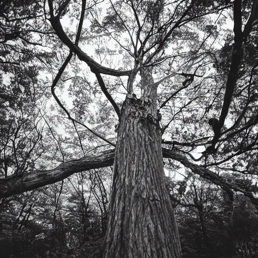 Image similar to a black and white photograph of a tree with blue leaves growing on it.