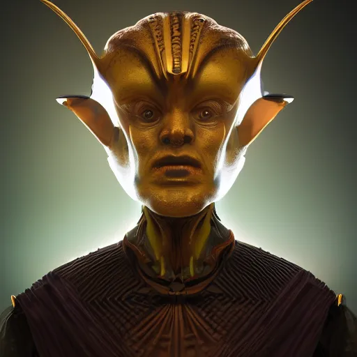 Image similar to portrait of an alien priest, renaissance style, star wars character, volumetric lights, symmetry, headpiece, trending on artstation, sharp focus, leica, studio photo, intricate details, highly detailed