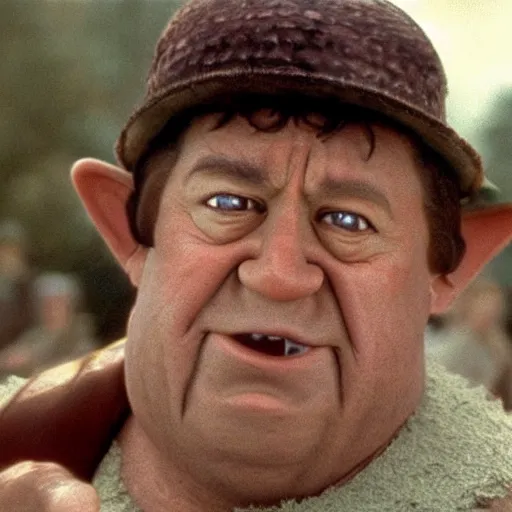 Prompt: Fred Flintstone playing baseball and winning in a small town, In the movie Lord of the Rings, Closeup