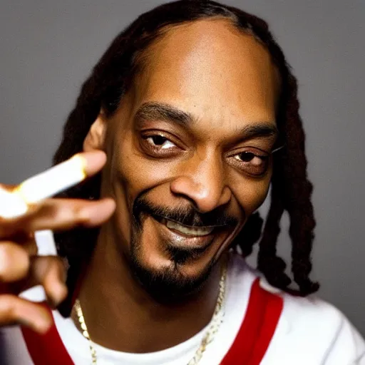 Image similar to Snoop Dog with big eyes eye color red , smiling and holding a joint in his hand