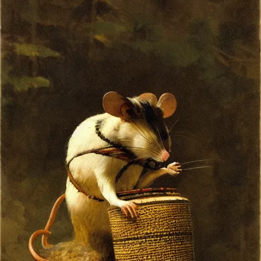 Image similar to mouse with drum, forrest background, by carl spitzweg, close up