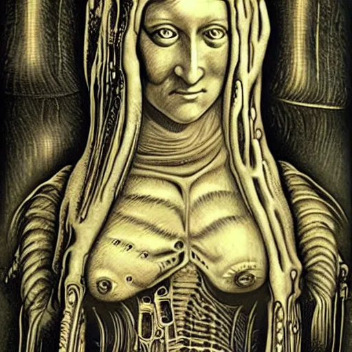 Image similar to monalisa in the style of h.r. giger, in the style of h.r. giger, in the style of h.r. giger, in the style of h.r. giger