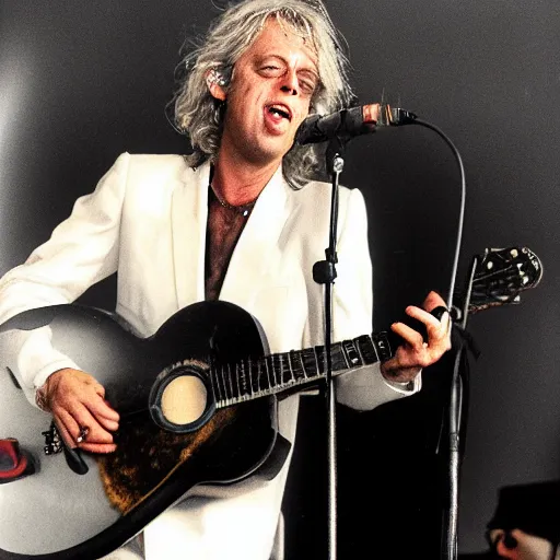 Prompt: bob geldof singing to a banana, concert photo