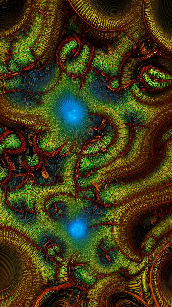 Image similar to 3d fractal background by Escher, magic tree, dmt, tripy, psychedelic, mandelbulb 3d, digital art, high details, depth of field, hard lighting, trending on artstation, deviantart, octane render, HD, 8k