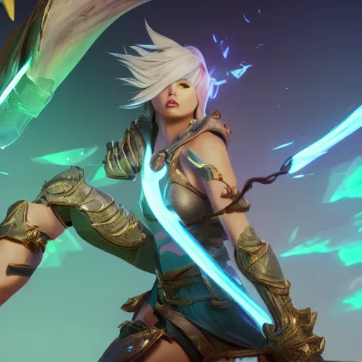 Image similar to still of pretty Riven (Legends of Runeterra) in KDA music video. 3d render, octane render, game art, realistic, highly detailed, trending on artstation, 4k, trending on artstation, pixar, cgsociety, unreal engine 5, redshift render, trending on artstation, blender, behance, cg