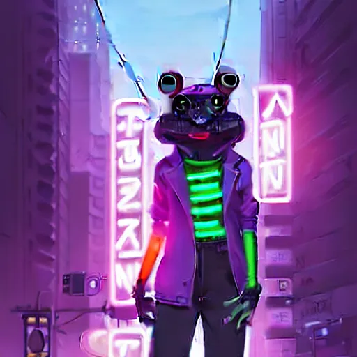 Image similar to beautiful furry digital art portrait commission of an androgynous furry anthro frog fursona wearing punk clothes in the streets of a cyberpunk city. neon signs. character design by charlie bowater, ross tran, artgerm, and makoto shinkai