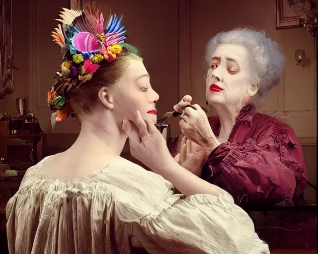 Image similar to an innocent and beautiful scene in hyper realistic style, about an old and lonely woman applying makeup in front of the camera, and modeling a victorian dress. a huge and colorful fish sits on her head.