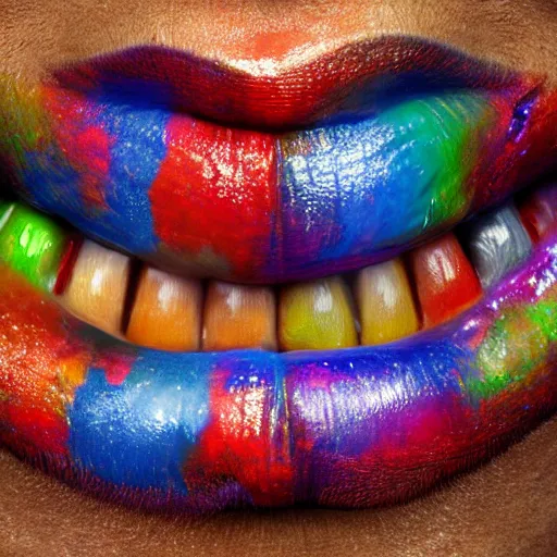 Image similar to photo of 8k ultra realistic deity mouth filled with multi color crayons, clear sky, full of colour, cinematic lighting, battered, trending on artstation, 4k, hyperrealistic, focused, extreme details,unreal engine 5, cinematic, masterpiece, art by Rafał Olbiński