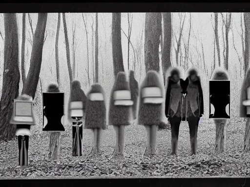 Image similar to a group of identical people standing in a forest staring at the viewer, uncanny faces, night, b&w, vhs footage