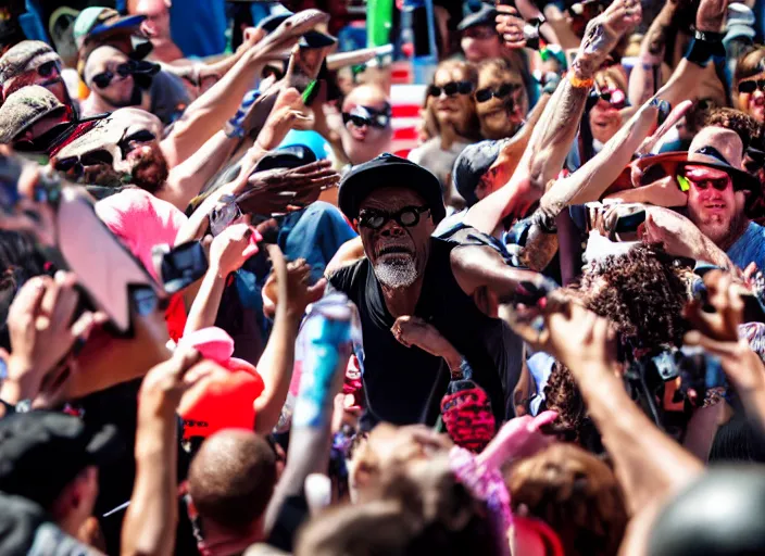 Image similar to photo still of samuel l jackson on stage at vans warped tour!!!!!!!! at age 3 3 years old 3 3 years of age!!!!!!!! stage diving into the crowd, 8 k, 8 5 mm f 1. 8, studio lighting, rim light, right side key light