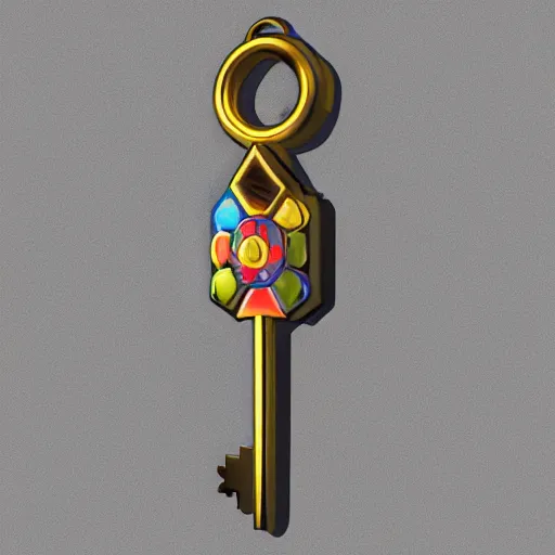 Prompt: a stylised old colorful metal key, key is on the center, key has small precious diamond in it, rpg game inventory item, rim light, outer glow, on the white background, high poly vray, stylised textures, trending on artstation