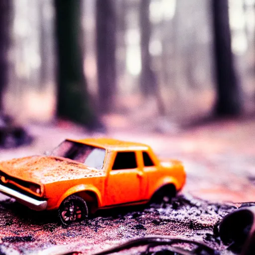 Image similar to macro photography of a toy hot wheels car driving through a forest fire, 3 5 mm